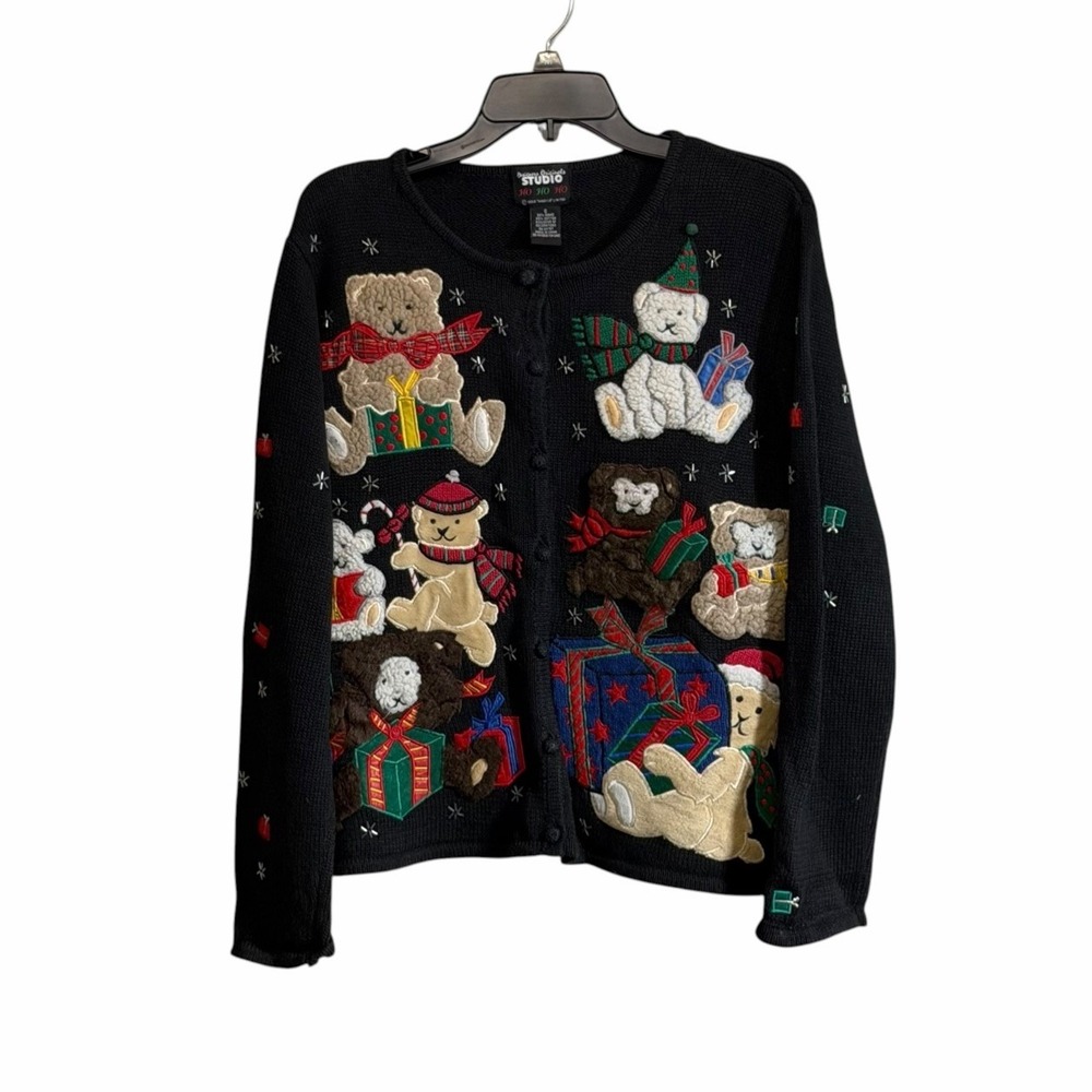 Vtg Designer Originals Studio Christmas Cardigan Sweater Small Teddy Bears 90's